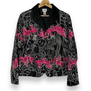 Chico's Silk Blend Blazer Jacket Women's Size 2 Black Pink Floral Embroidered
